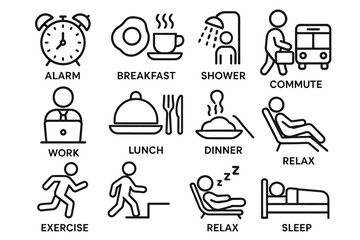 Daily routine icons illustrating alarm breakfast shower commute work lunch dinner relax exercise sleep