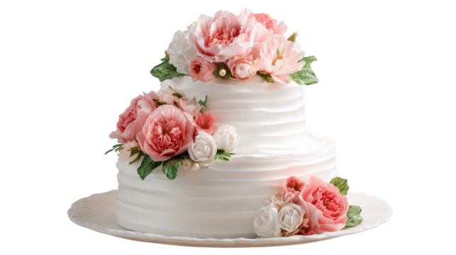 Multi-tiered wedding cake with floral toppersTransparent background, PNG file