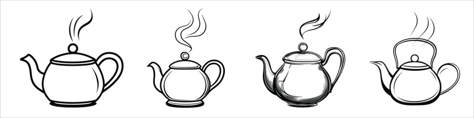Collection of hand drawn hot steaming teapots and kettles in various styles.