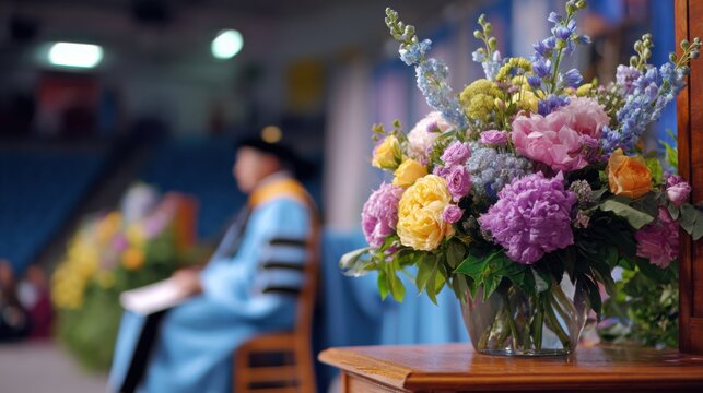 Dynamic medium shot capturing a floral bouquet shifting into academic robes and mortarboard representing achievement and recognition in higher education administration.