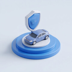 A blue car on a podium with a shield representing car insurance