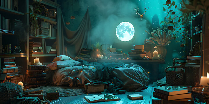 "Moonlit Bedroom with Candles, Books, and Plants in a Serene Night Ambiance"

