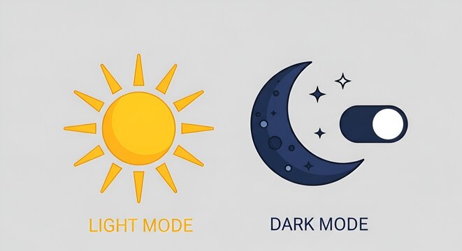 Illustration of light mode with sun and dark mode with moon and toggle switch