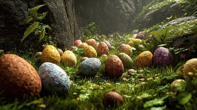A whimsical Easter egg hunt in a lush hidden forest meadow springtime joy and playful search with