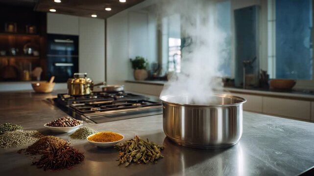 A close-up of a boiling pot. Various spices are laid out around it: anise, cardamom, turmeric. The camera slowly turns to the right.