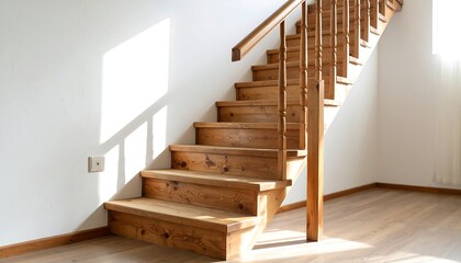 Wooden Staircase with Sunlight Casting Shadows on White Wall in Modern Home