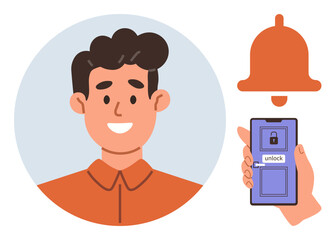 Smiling man facing forward in profile circle next to hand holding phone with unlock screen and alert bell. Ideal for technology, security, notifications, access, communication, identity, simple flat