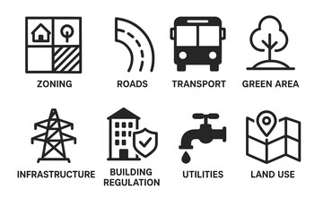 Urban planning icons: zoning, roads, transport, green area, infrastructure, building regulation, utilities, land use