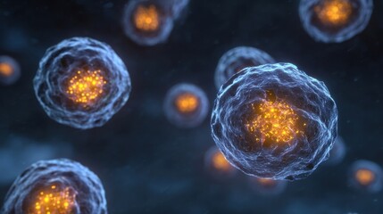 scene image of cellular light intensity fading gradually paired with intermittent amber senescence tag highlighting declining cell function.