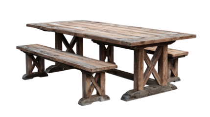 Outdoor dining table with bench seatingTransparent background, PNG file