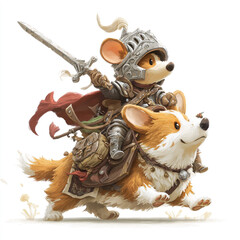 A brave mouse knight riding a corgi into battle isolated on white background