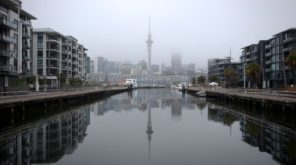 Misty Auckland city skyline reflected in canal. Possible stock photo use