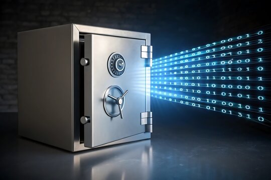 Secure data transfer with open bank vault and binary code streaming out, digital security concept