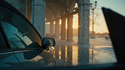 Car parked near a colonnade with reflections on wet pavement during sunset with a golden sky and architectural details