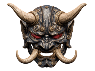 Front View of Fierce Demon Mask with Curved Tusks and Glowing Eyes, Traditional Oni Style, Isolated on Transparent Background