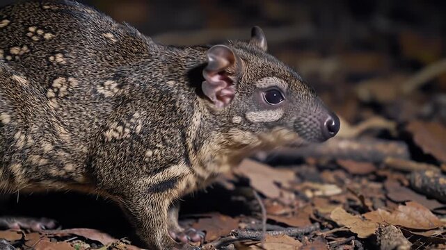 Spotted Quoll in Natural Habitat: Nocturnal Carnivorous Marsupial on Forest Floor at Night, Detailed Wildlife Portrait