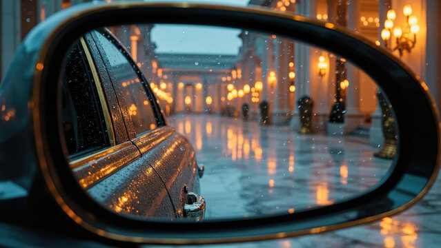 Car side mirror reflecting a wet street with golden lights and a building with columns during a rainy evening