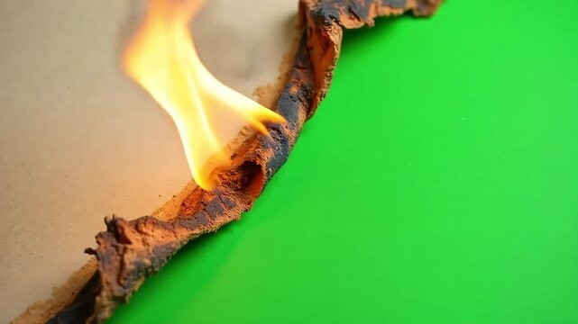 Dynamic paper edge ignites with vibrant flame, revealing a green screen backdrop for creative effects
