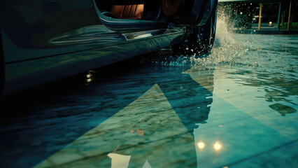 Car tire splashing water on a wet surface with reflections and a partially open door creating a dynamic scene