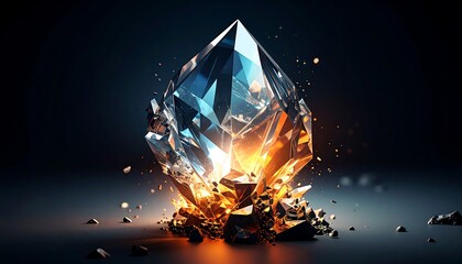 Fototapeta premium Luminous Crystal Formation with Shattered Fragments and Fiery Glow on Dark Surface