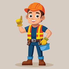 Cartoon Construction Worker Ready to Work Holding Tools with an Eager Smile and Safety Gear On