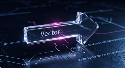 Clear arrow with the word vector on a dark surface with circuit patterns