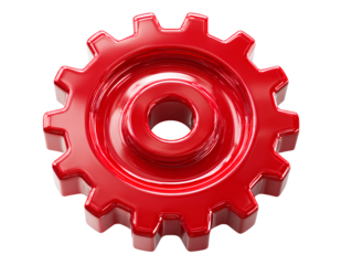 Front View of Glossy Red Metallic Gear Icon with Smooth Edges and Light Reflections, Isolated on Transparent Background
