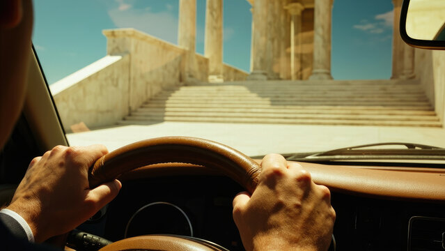 Driver's hands on brown steering wheel with classical building in background blue sky and white columns visible through windshield