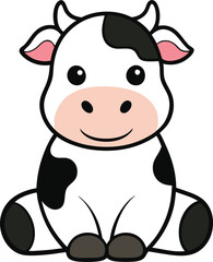 Obraz premium Cute cartoon cow sitting down with black and white spots