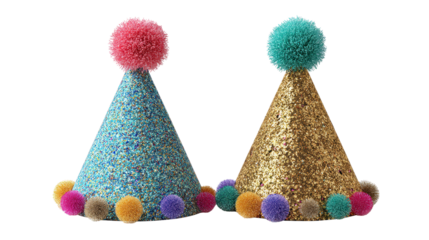 Party hats with glitter and pom pomsTransparent background, PNG file