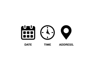 Calendar clock and location icons representing date time and address