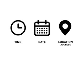Icons representing time date and location for event planning