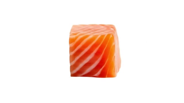 A single cube of fresh raw salmon, isolated on white background, showcasing its vibrant orange color, intricate texture, and healthy protein source for culinary use