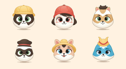 Adorable cartoon animal heads wearing hats, diverse expressions, pastel background.