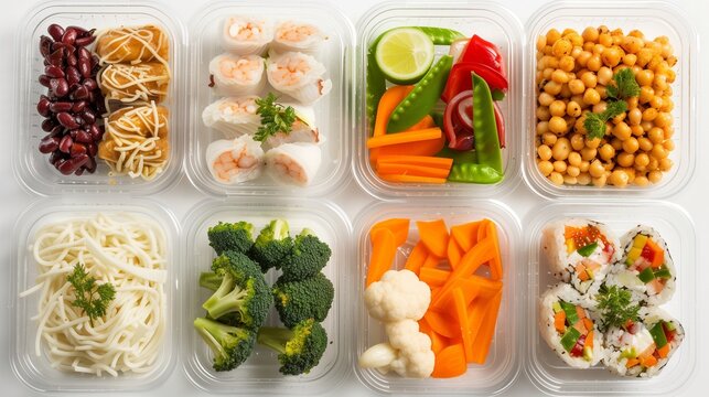 plastic food tray with assorted mini meals on white background