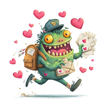 A cute monster mailman delivering love letters isolated on white background