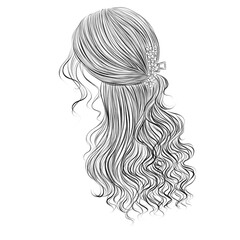 Elegant curly bridal updo hairstyle in black and white sketch, ideal for weddings, proms, and beauty branding