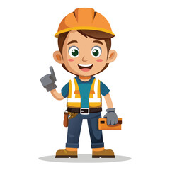 Cartoon Construction Worker Ready to Work Holding Tools with an Eager Smile and Safety Gear On
