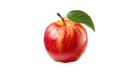 Red apple with water droplets and leaf on black background