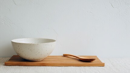 A ceramic bowl with a simple design is placed on the wooden dining table, with a wooden spoon, placed on a brown jute mat, creating a natural and comfortable atmosphere.