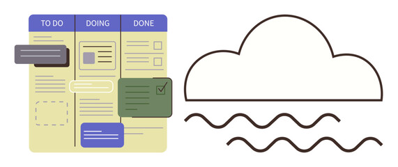 Task organization board with To-Do, Doing, Done stages alongside abstract cloud and wave elements. Ideal for task planning, productivity, collaboration, process efficiency, digital tools, cloud © robu_s