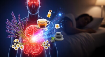 A conceptual illustration showing the interaction between inflammation in the human body and the effects of natural remedies on anxiety relief and improved sleep quality. Cinematic