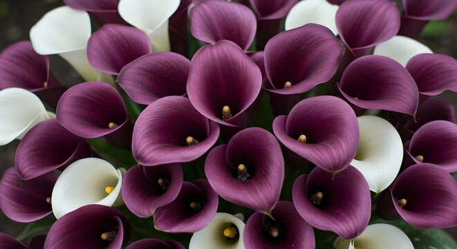 Elegant purple and white calla lily flowers arranged in circular pattern, botanical floral arrangement, wedding decoration, spring blooms, nature photography concept