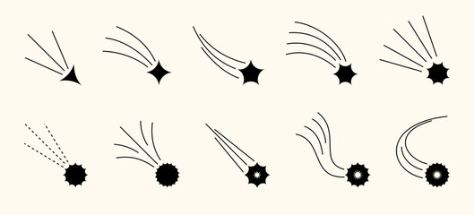 Retro cartoon style comets and falling stars with spark trails and confetti effect. Ideal for party invites, space backgrounds or decorative Christmas vector designs. © Azat Valeev