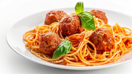 plastic spaghetti with meatballs and plate on white background