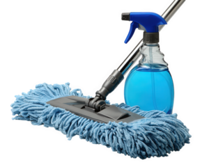 Flat mop with blue microfiber head and spray bottle, modern cleaning tool for home or office, efficient and easy to use, isolated on transparency background