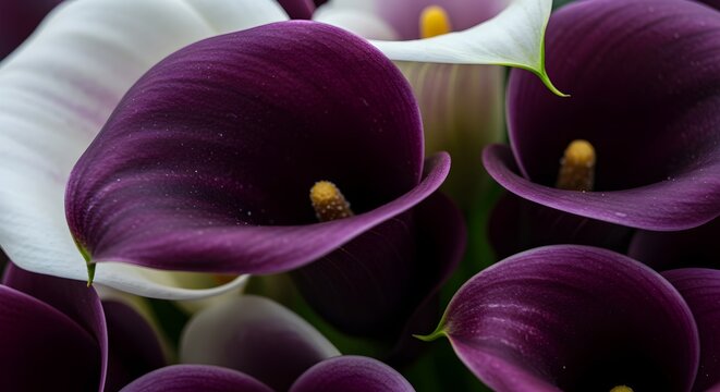 Close-up of elegant purple calla lily flowers showing detailed petal structure, botanical photography, floral beauty, nature art, wedding flower arrangement concept - Powered by Adobe