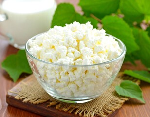 Cottage cheese in glass bowl, milk, leaves