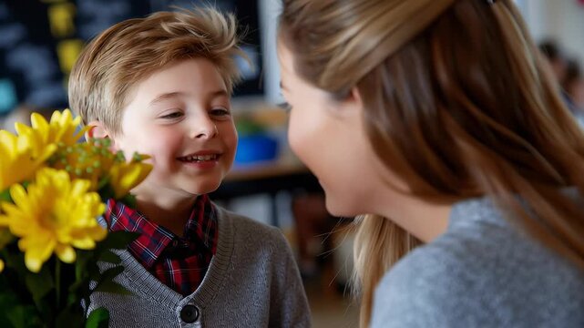 Boy gives flowers to teacher with a warm smile in a colorful classroom filled with joyful energy. Concept of appreciation, education, kindness, and positive interactions in schools