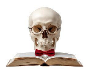 Skull with glasses and red bowtie reading open book, academic, quirky, humorous, isolated on transparency background, symbolizing intelligence and curiosity